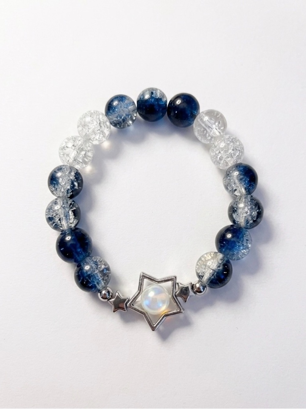 Hand Crafted Blue and Clear Beaded Star Bracelet